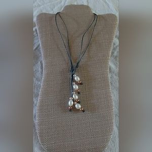 Handmade Lt. Pink, White & Bronze Pearl And Charcoal Grey Leather 2-Way Necklace